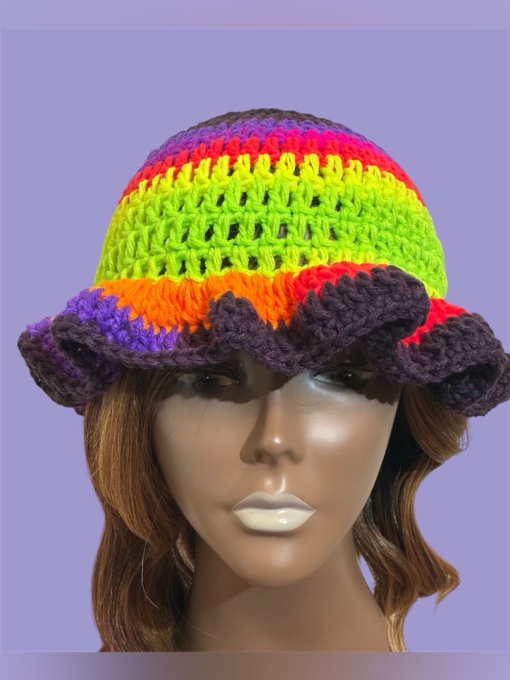 Hand-Crocheted Rainbow Bucket Hat - Bright Multicolor